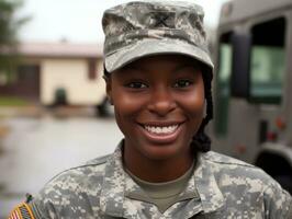 Woman serves as a dedicated and fearless soldier AI Generative photo