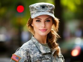 mujer sirve como un dedicado y audaz soldado ai generativo foto