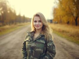 Woman serves as a dedicated and fearless soldier AI Generative photo