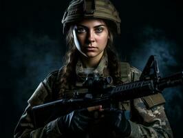 Woman serves as a dedicated and fearless soldier AI Generative photo