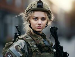 Woman serves as a dedicated and fearless soldier AI Generative photo