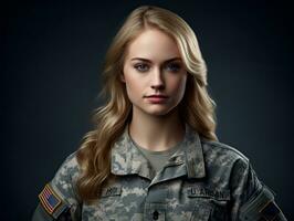 Woman serves as a dedicated and fearless soldier AI Generative photo