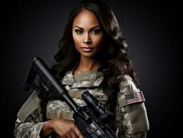 Woman serves as a dedicated and fearless soldier AI Generative photo