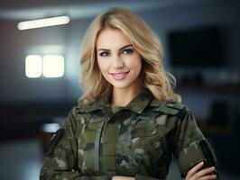 Woman serves as a dedicated and fearless soldier AI Generative photo