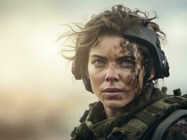 Woman serves as a dedicated and fearless soldier AI Generative photo