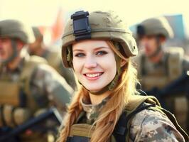 Woman serves as a dedicated and fearless soldier AI Generative photo