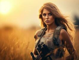 Woman serves as a dedicated and fearless soldier AI Generative photo