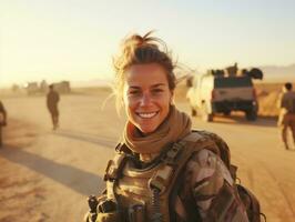 Woman serves as a dedicated and fearless soldier AI Generative photo