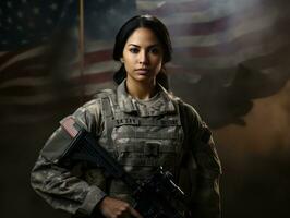 Woman serves as a dedicated and fearless soldier AI Generative photo