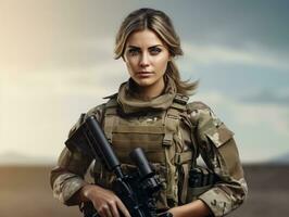 Woman serves as a dedicated and fearless soldier AI Generative photo