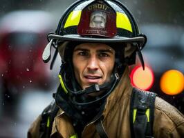 valiente masculino bombero sin miedo confronta el flameante infierno ai generativo foto