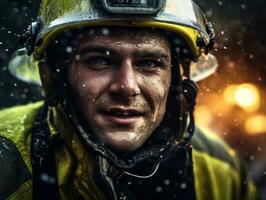 Courageous male firefighter fearlessly confronts the blazing inferno AI Generative photo