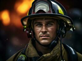 Courageous male firefighter fearlessly confronts the blazing inferno AI Generative photo