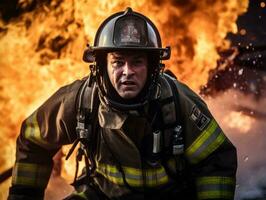 valiente masculino bombero sin miedo confronta el flameante infierno ai generativo foto