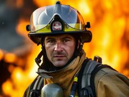 valiente masculino bombero sin miedo confronta el flameante infierno ai generativo foto