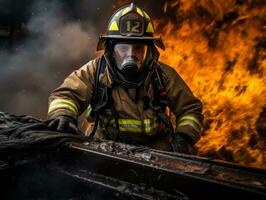 valiente masculino bombero sin miedo confronta el flameante infierno ai generativo foto