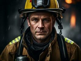 Courageous male firefighter fearlessly confronts the blazing inferno AI Generative photo