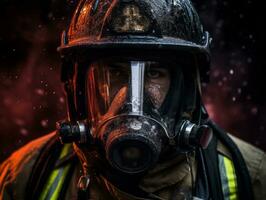 Courageous male firefighter fearlessly confronts the blazing inferno AI Generative photo