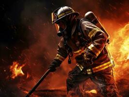 Courageous male firefighter fearlessly confronts the blazing inferno AI Generative photo