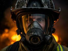 Courageous male firefighter fearlessly confronts the blazing inferno AI Generative photo