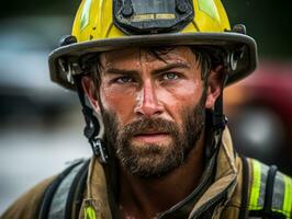 Courageous male firefighter fearlessly confronts the blazing inferno AI Generative photo