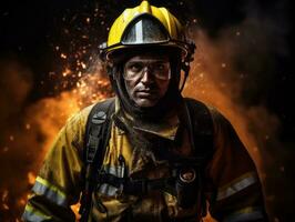 Courageous male firefighter fearlessly confronts the blazing inferno AI Generative photo