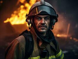 Courageous male firefighter fearlessly confronts the blazing inferno AI Generative photo