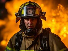 valiente masculino bombero sin miedo confronta el flameante infierno ai generativo foto