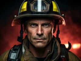 Courageous male firefighter fearlessly confronts the blazing inferno AI Generative photo