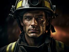 Courageous male firefighter fearlessly confronts the blazing inferno AI Generative photo