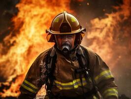 valiente masculino bombero sin miedo confronta el flameante infierno ai generativo foto