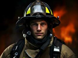 Courageous male firefighter fearlessly confronts the blazing inferno AI Generative photo