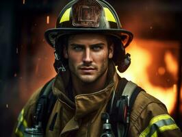 Courageous male firefighter fearlessly confronts the blazing inferno AI Generative photo