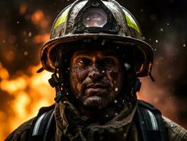 valiente masculino bombero sin miedo confronta el flameante infierno ai generativo foto