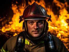 valiente masculino bombero sin miedo confronta el flameante infierno ai generativo foto