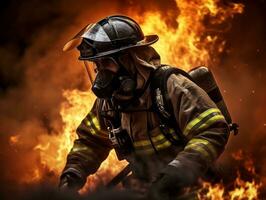 valiente masculino bombero sin miedo confronta el flameante infierno ai generativo foto