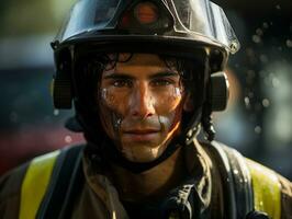 Courageous male firefighter fearlessly confronts the blazing inferno AI Generative photo