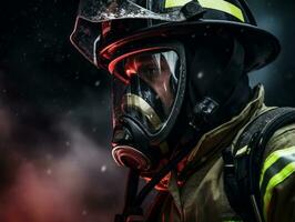 Courageous male firefighter fearlessly confronts the blazing inferno AI Generative photo