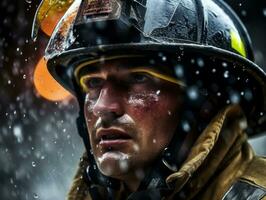 Courageous male firefighter fearlessly confronts the blazing inferno AI Generative photo