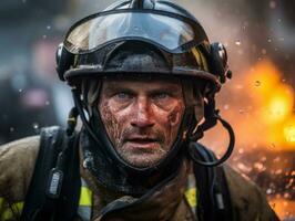 valiente masculino bombero sin miedo confronta el flameante infierno ai generativo foto