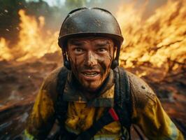 valiente masculino bombero sin miedo confronta el flameante infierno ai generativo foto