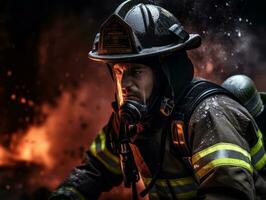 valiente masculino bombero sin miedo confronta el flameante infierno ai generativo foto