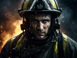 Courageous male firefighter fearlessly confronts the blazing inferno AI Generative photo