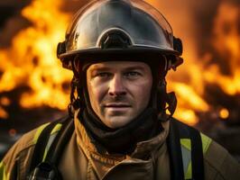 valiente masculino bombero sin miedo confronta el flameante infierno ai generativo foto