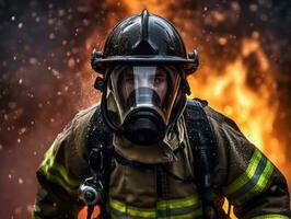 valiente masculino bombero sin miedo confronta el flameante infierno ai generativo foto