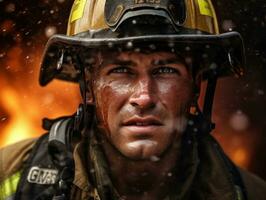 Courageous male firefighter fearlessly confronts the blazing inferno AI Generative photo