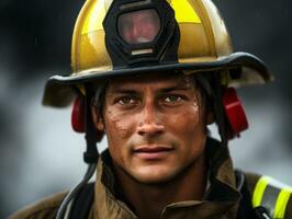 Courageous male firefighter fearlessly confronts the blazing inferno AI Generative photo