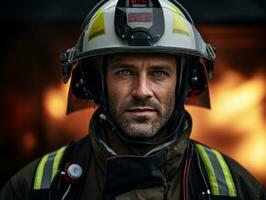 valiente masculino bombero sin miedo confronta el flameante infierno ai generativo foto