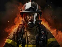 Courageous male firefighter fearlessly confronts the blazing inferno AI Generative photo