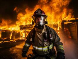 valiente masculino bombero sin miedo confronta el flameante infierno ai generativo foto